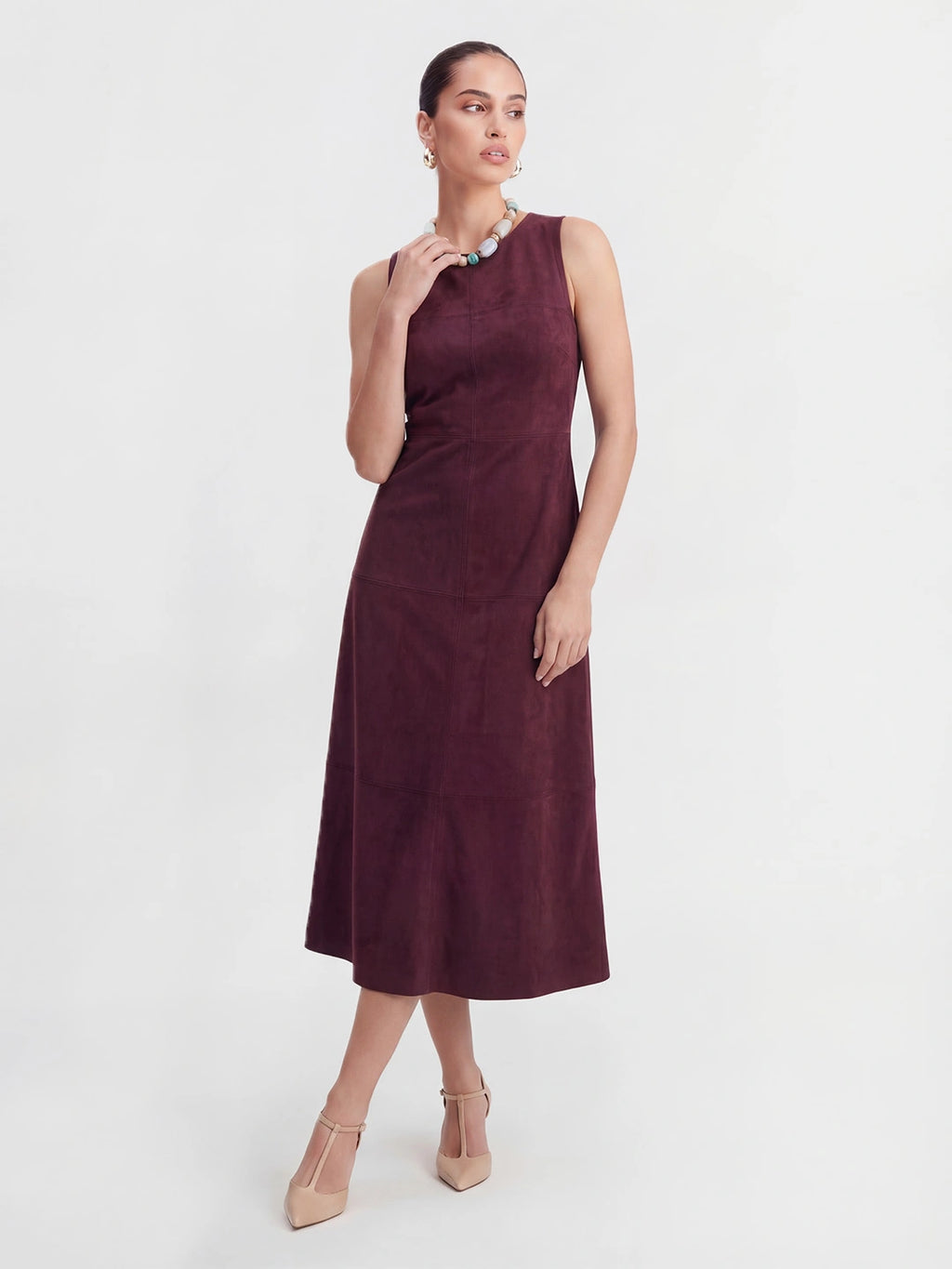Suede Sleeveless A-Line Midi Dress