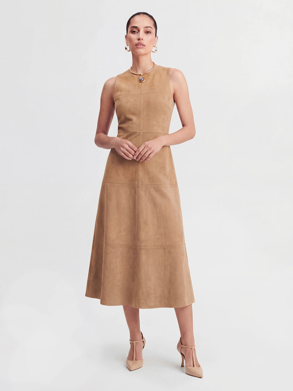Suede Sleeveless A-Line Midi Dress