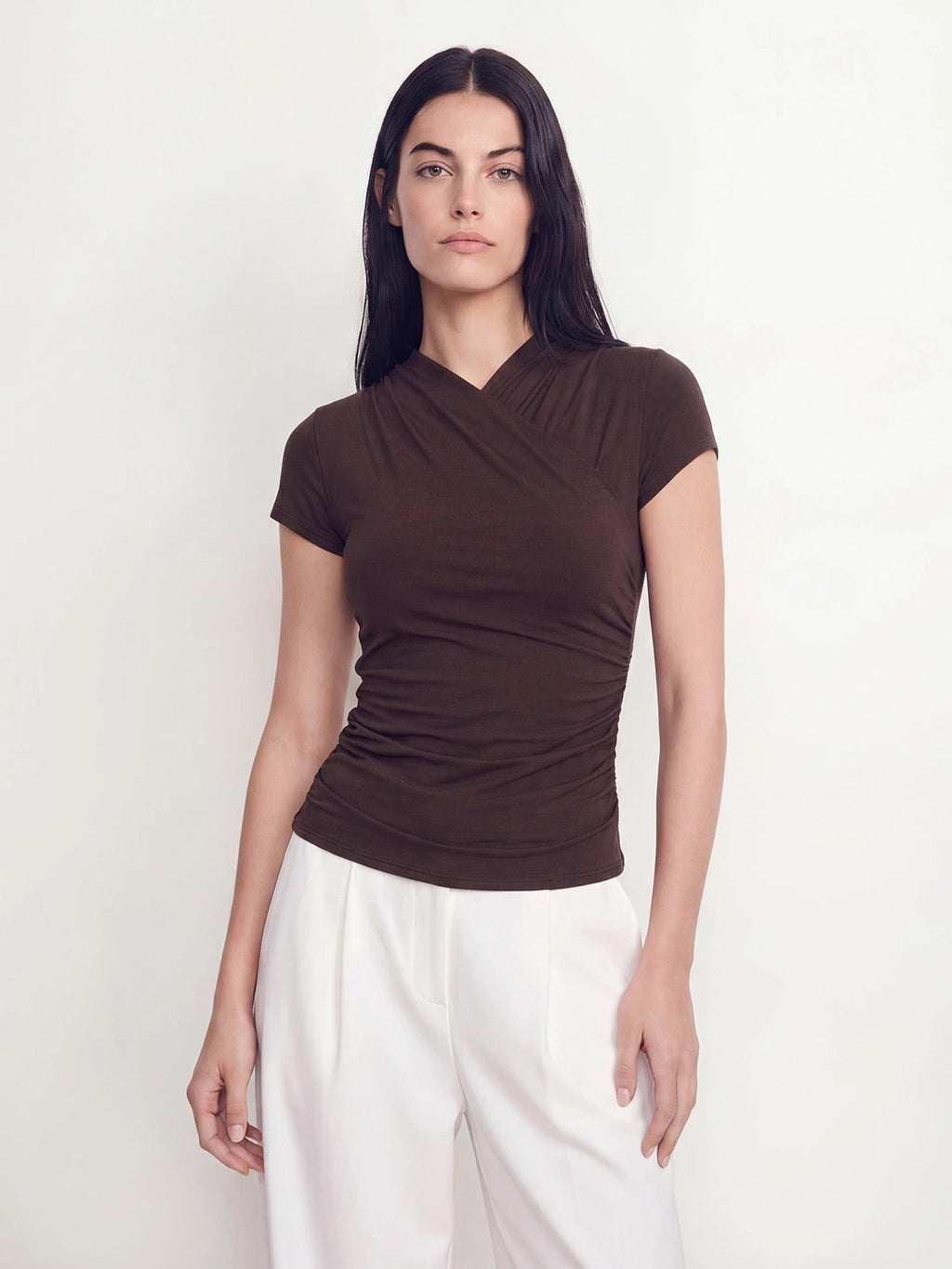 Surplice Ruched Slim Fit Cotton Top