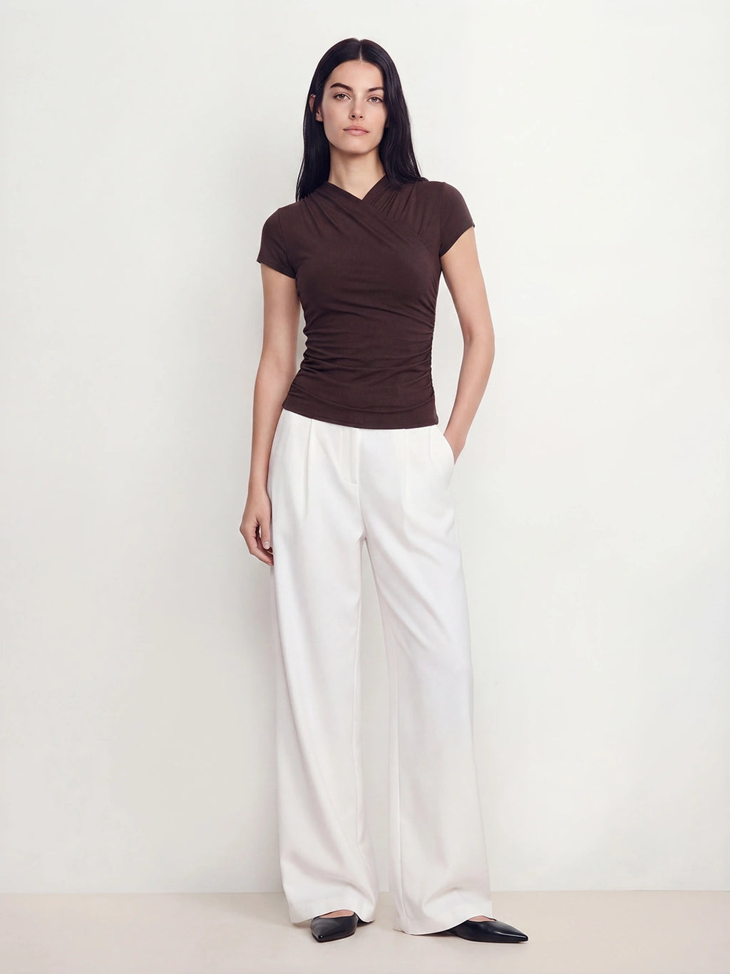 Surplice Ruched Slim Fit Cotton Top