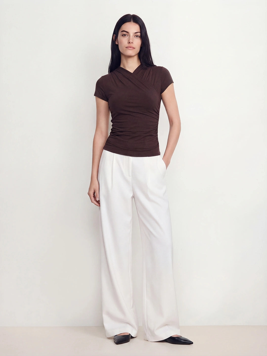 Surplice Ruched Slim Fit Cotton Top