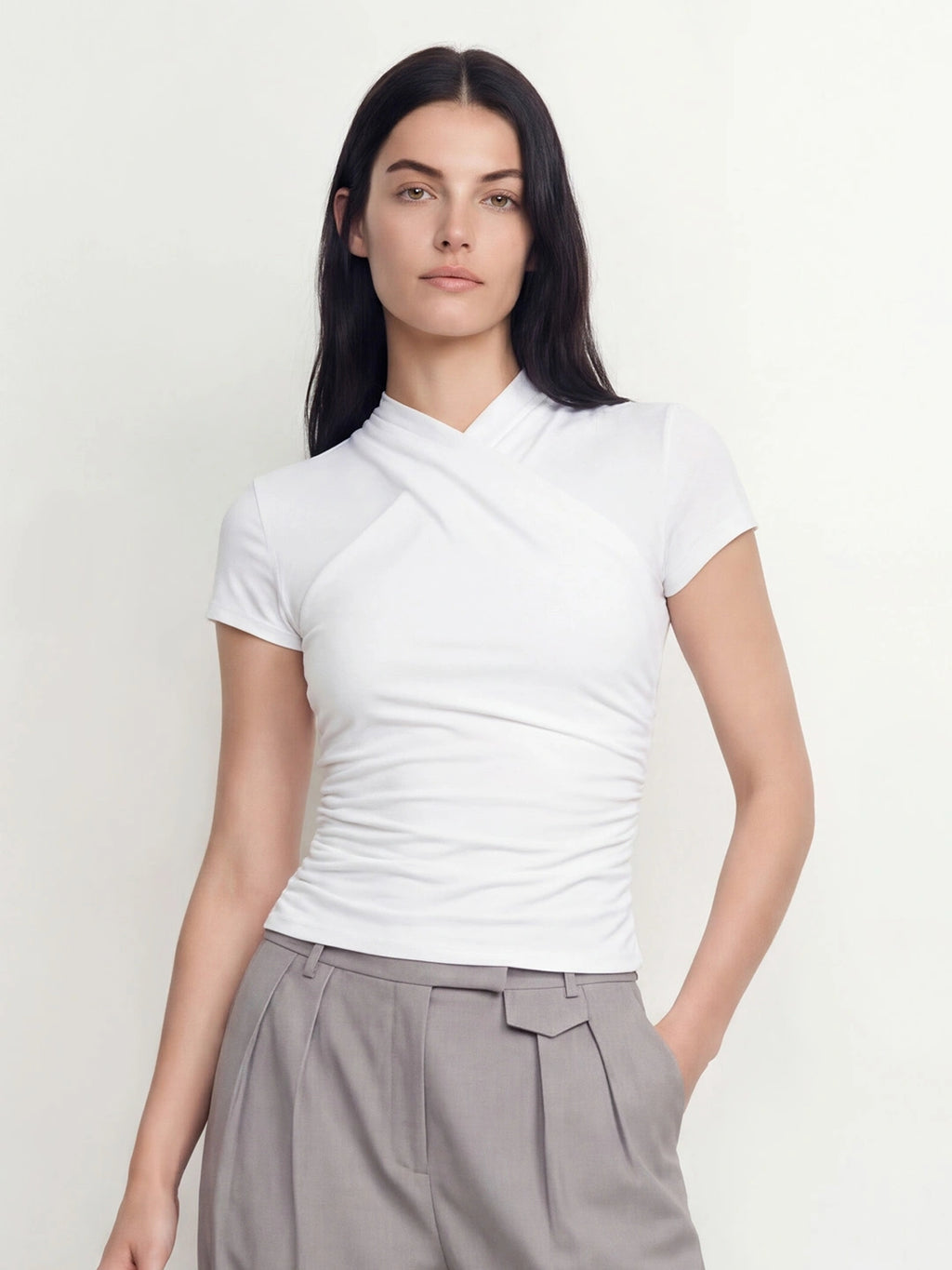 Surplice Ruched Slim Fit Cotton Top