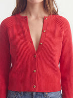 Textured Crew Neck Gold Button Cardigan