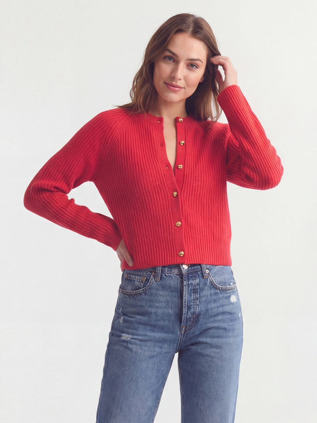 Textured Crew Neck Gold Button Cardigan Main image