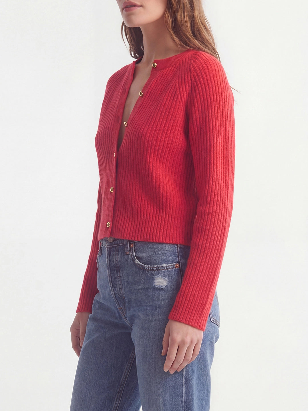 Textured Crew Neck Gold Button Cardigan