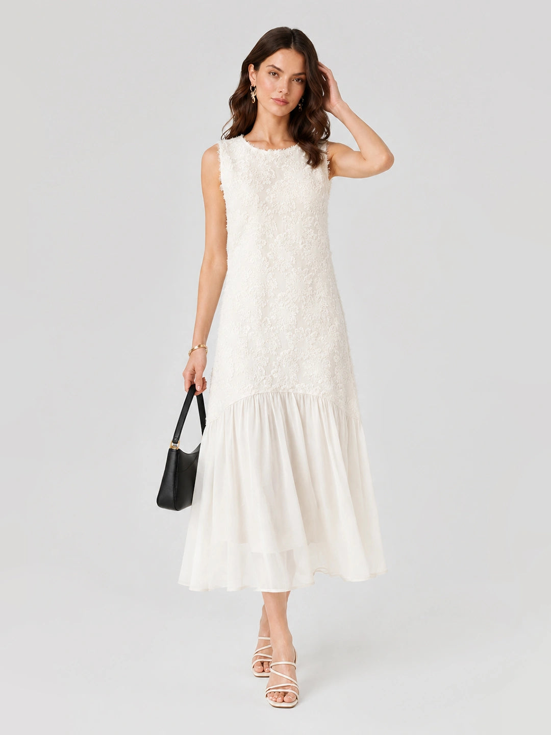 Textured Floral Chiffon Panel Midi Dress