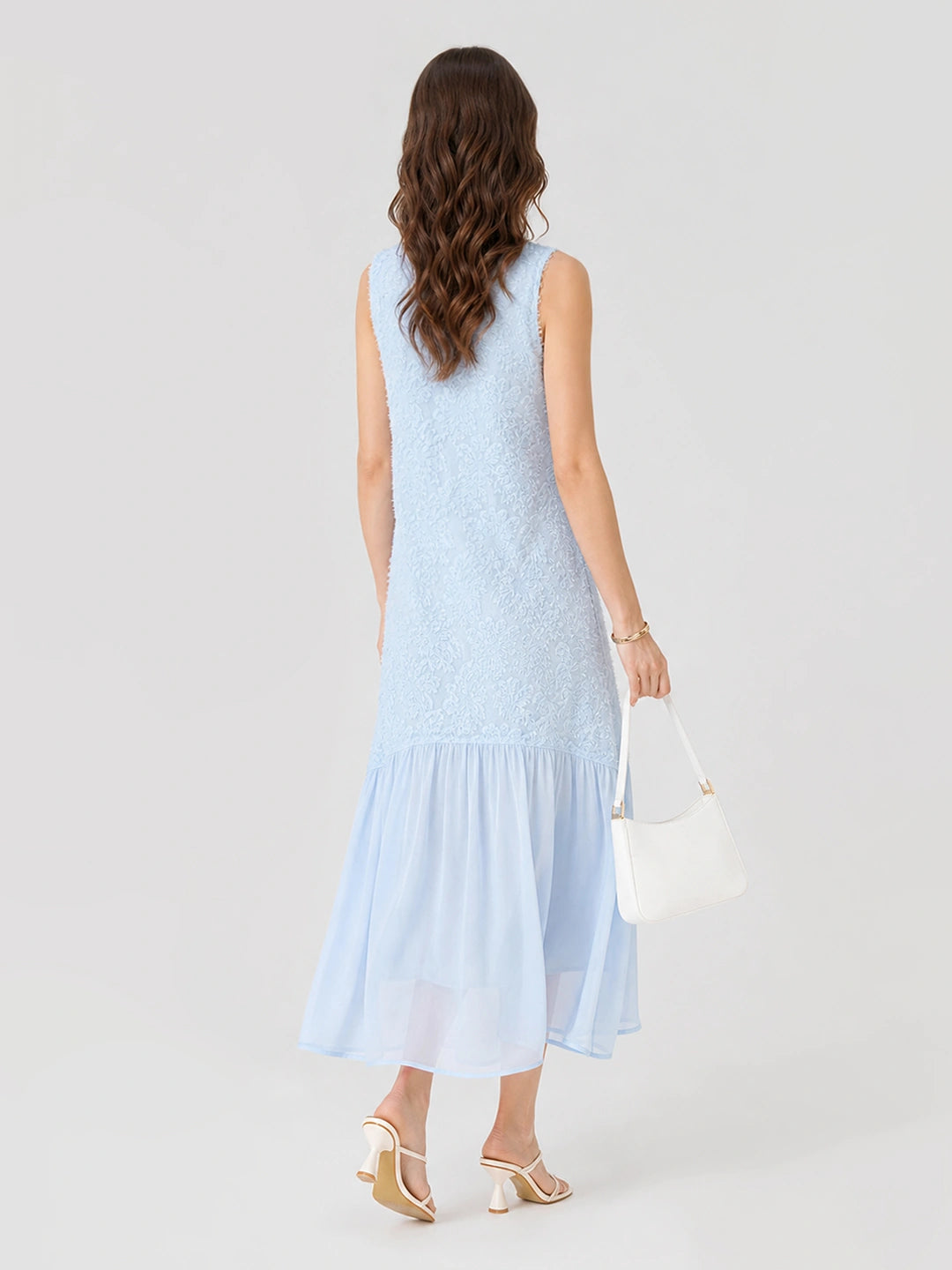 Textured Floral Chiffon Panel Midi Dress