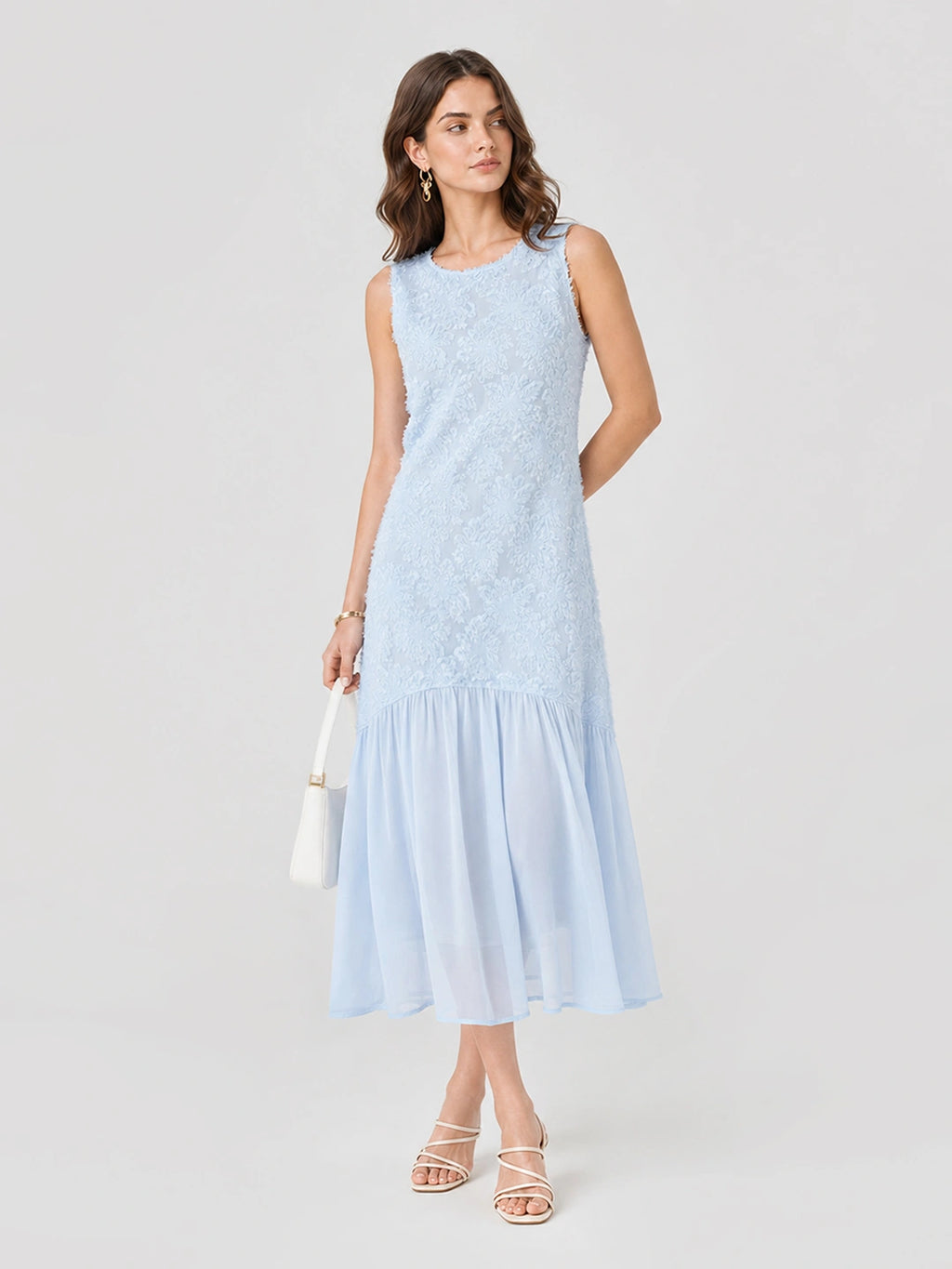 Textured Floral Chiffon Panel Midi Dress