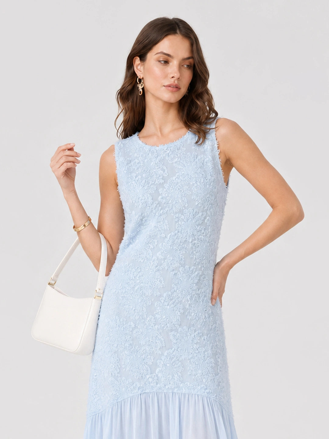 Textured Floral Chiffon Panel Midi Dress