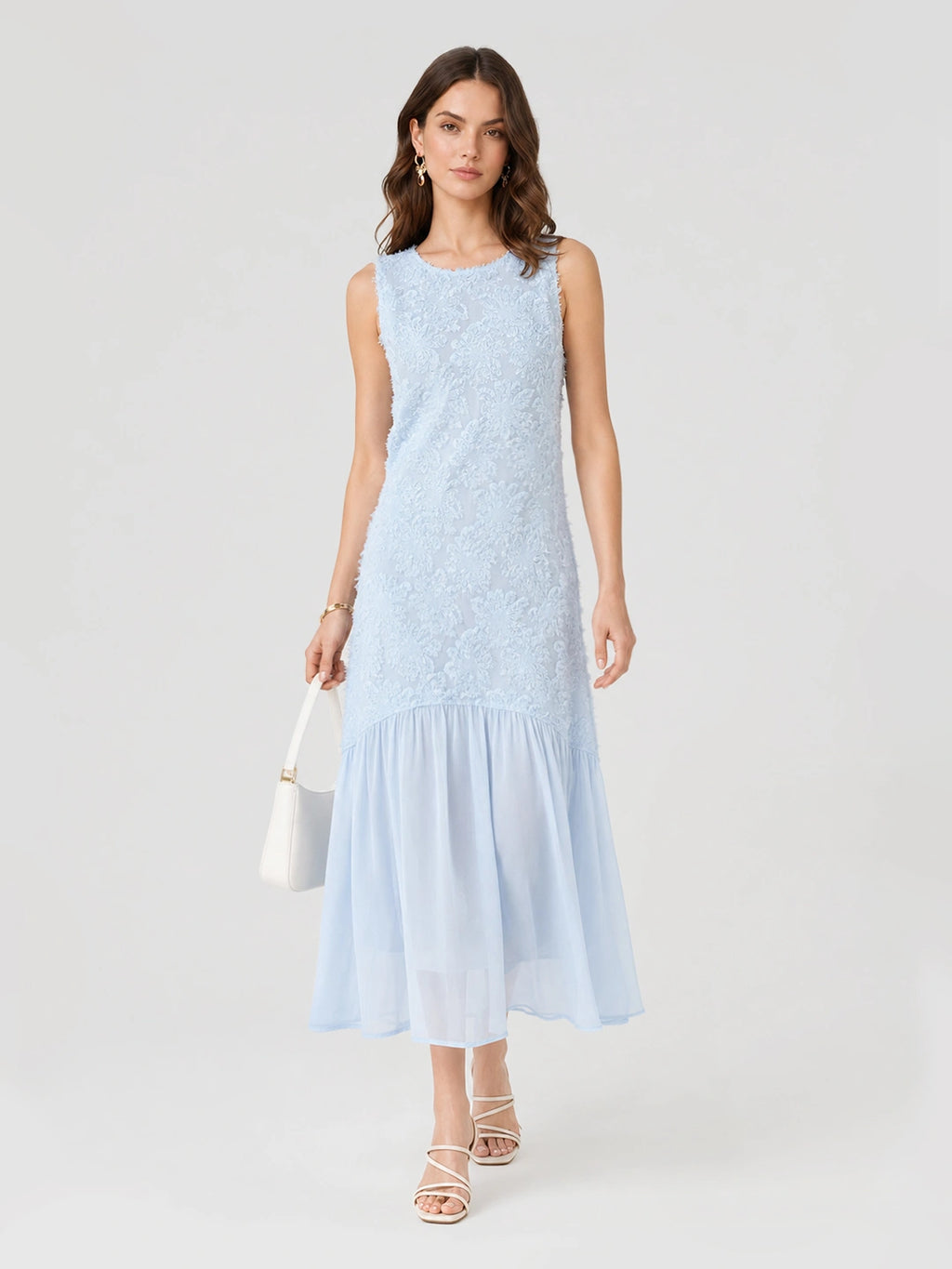 Textured Floral Chiffon Panel Midi Dress