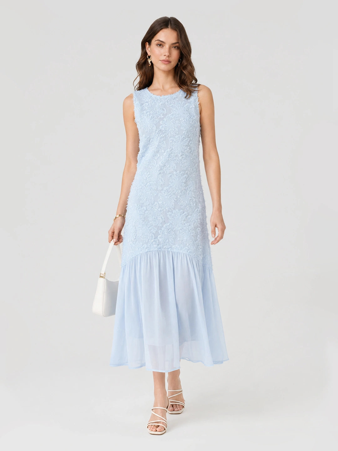 Textured Floral Chiffon Panel Midi Dress