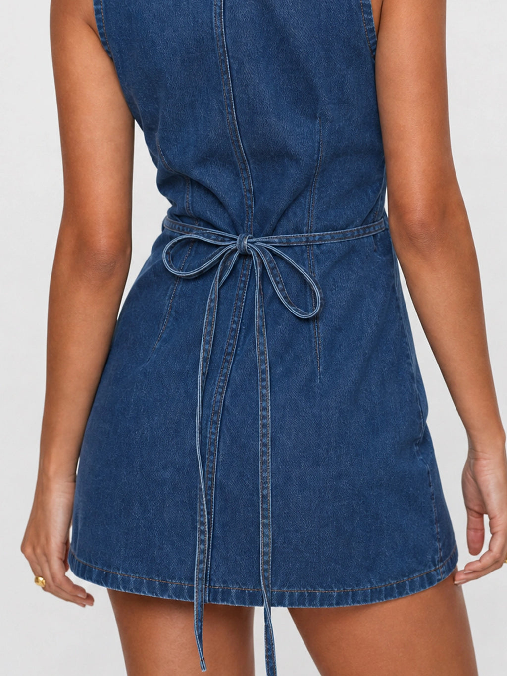 Tie-Back Button Front Denim Mini Dress