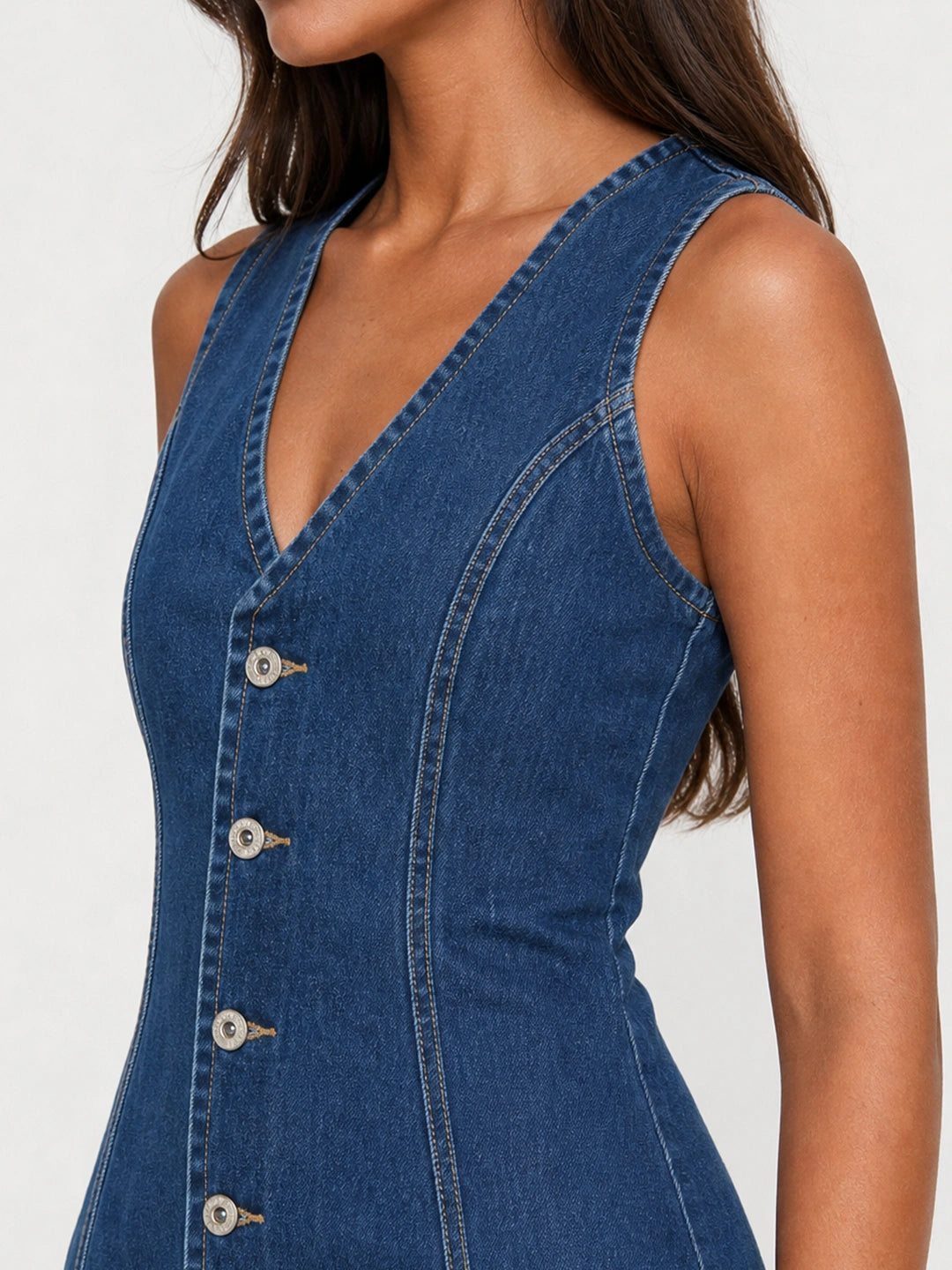 Tie-Back Button Front Denim Mini Dress