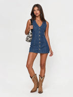 Tie-Back Button Front Denim Mini Dress