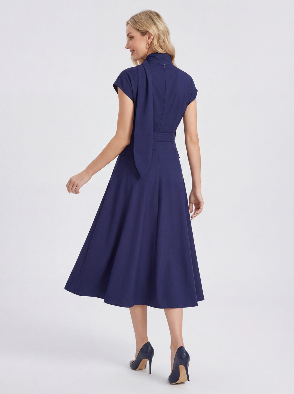 Tie-Neck Belted Sleeveless A-Line Midi Dress