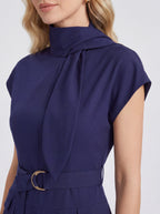 Tie-Neck Belted Sleeveless A-Line Midi Dress