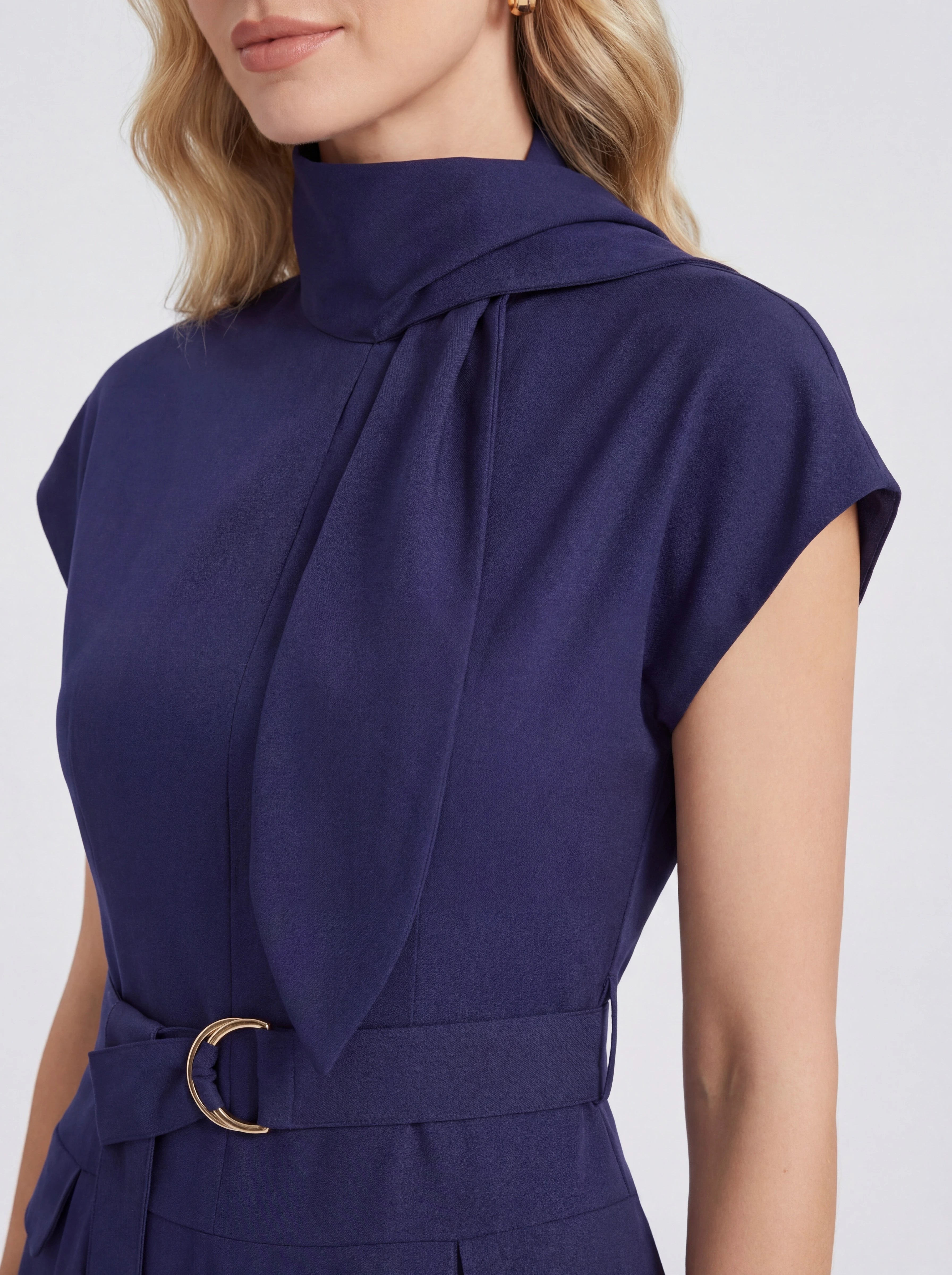 Tie-Neck Belted Sleeveless A-Line Midi Dress