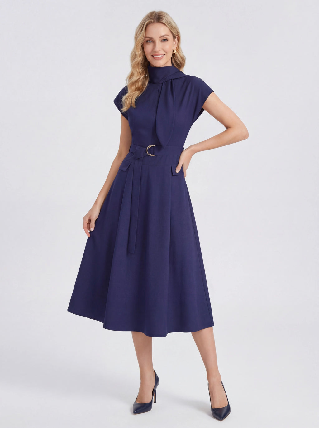 Tie-Neck Belted Sleeveless A-Line Midi Dress