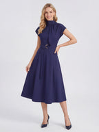 Tie-Neck Belted Sleeveless A-Line Midi Dress