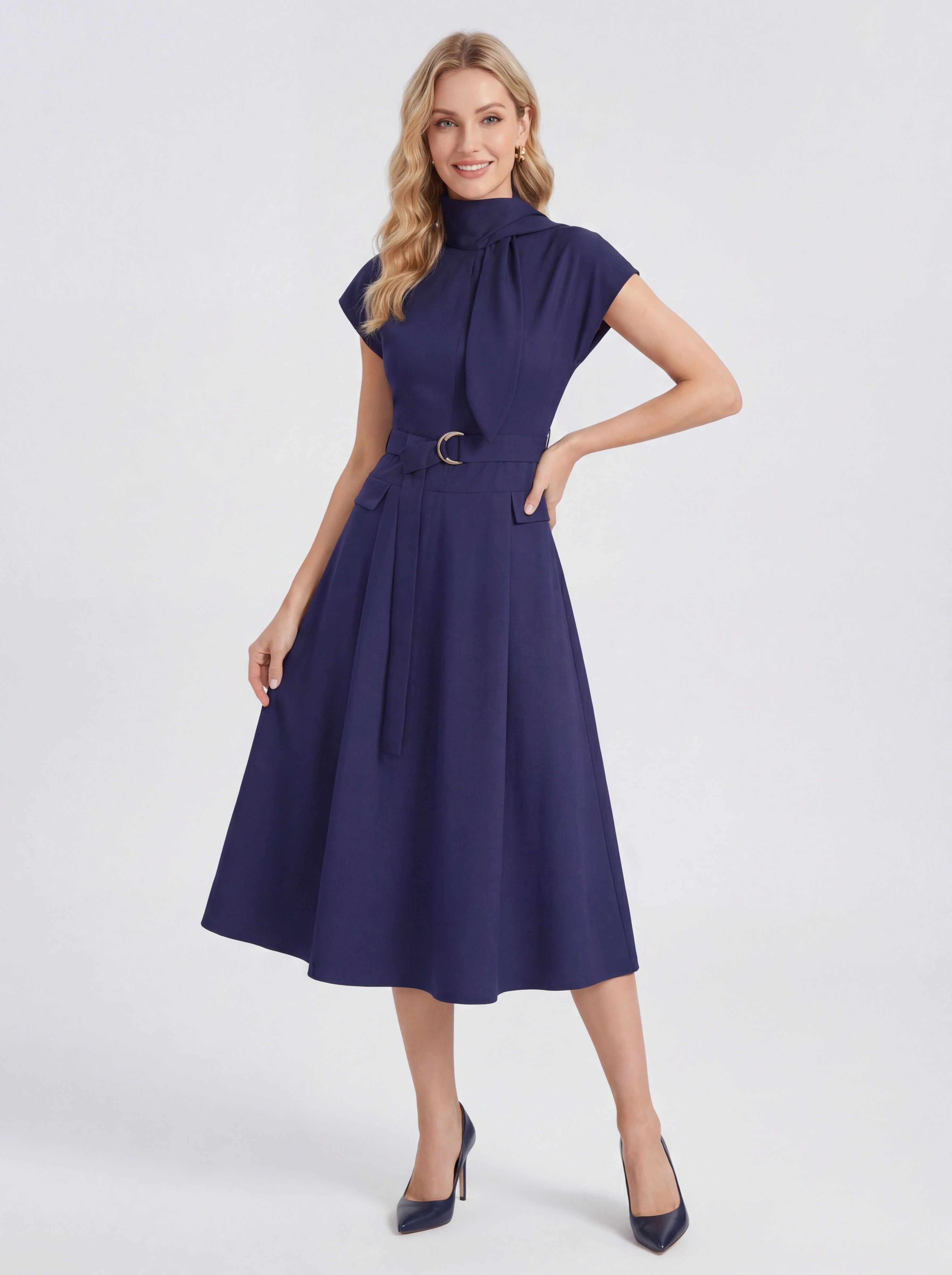 Tie-Neck Belted Sleeveless A-Line Midi Dress