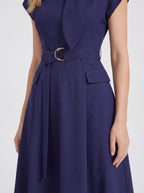 Tie-Neck Belted Sleeveless A-Line Midi Dress