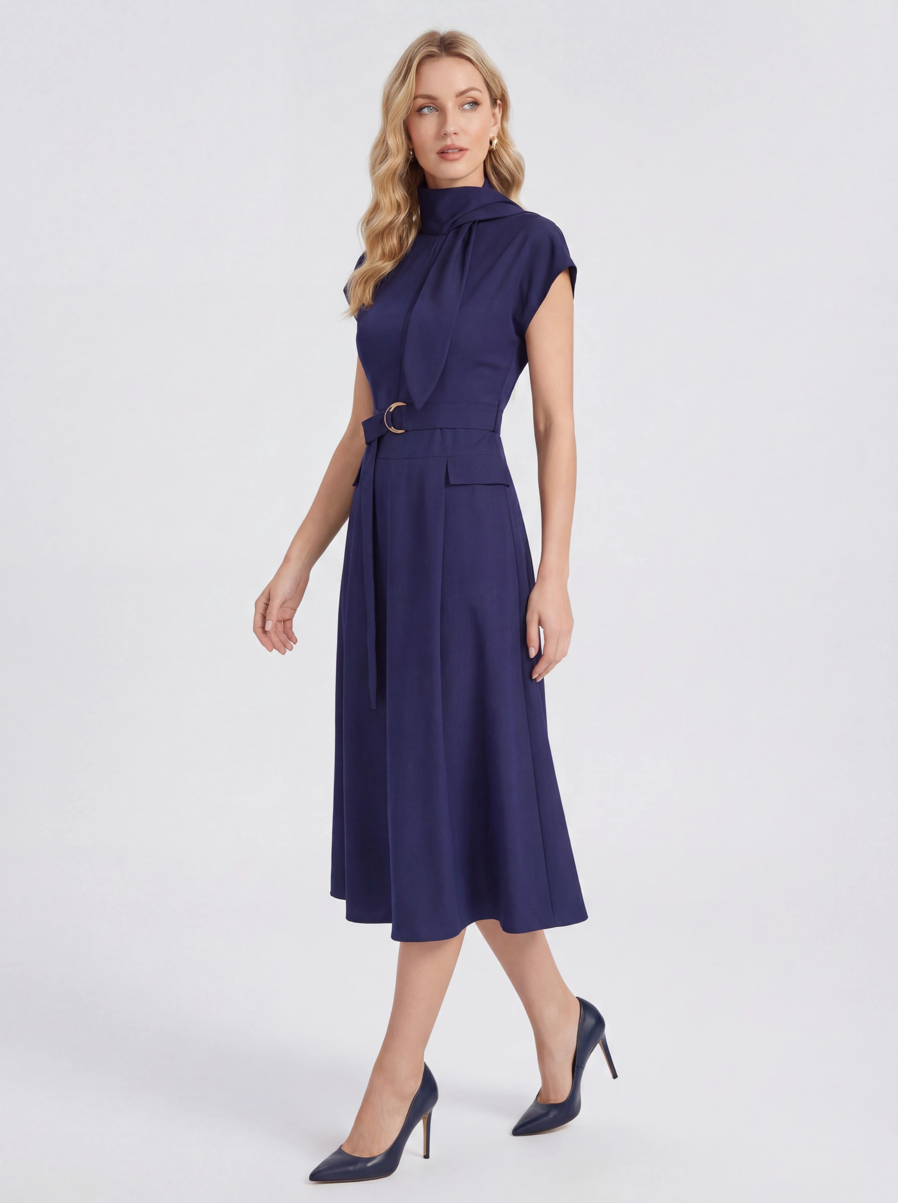 Tie-Neck Belted Sleeveless A-Line Midi Dress Secondary image
