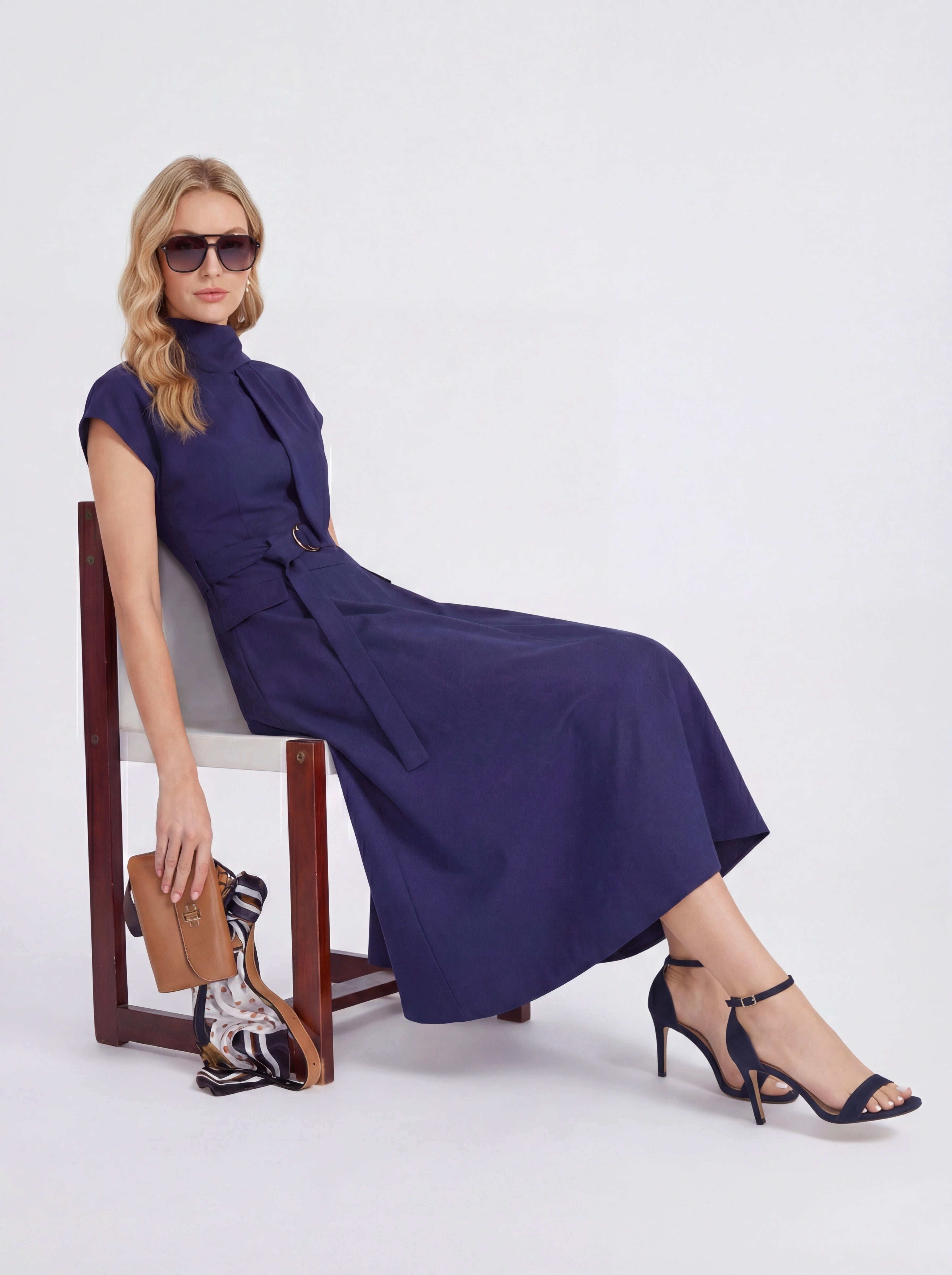 Tie-Neck Belted Sleeveless A-Line Midi Dress