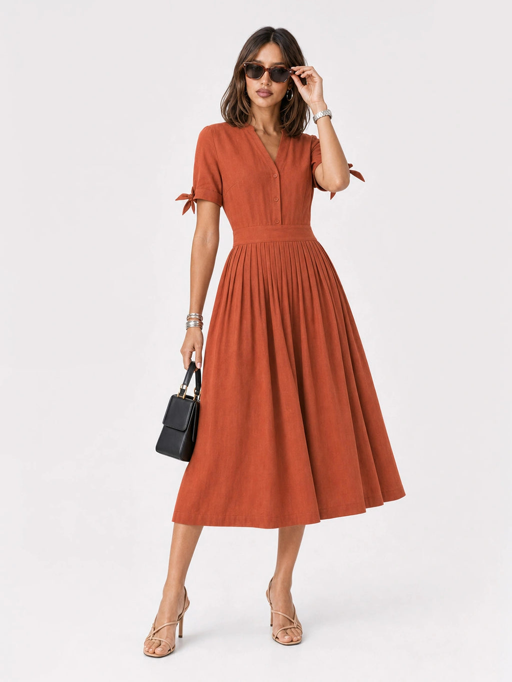 Tie-Sleeve Pleated Cotton Linen Midi Dress