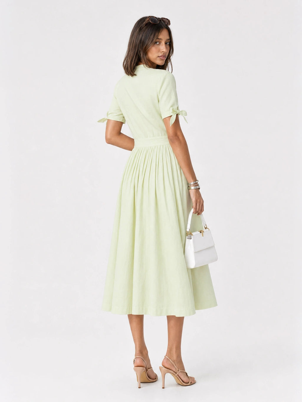 Tie-Sleeve Pleated Cotton Linen Midi Dress