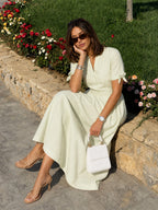 Tie-Sleeve Pleated Cotton Linen Midi Dress