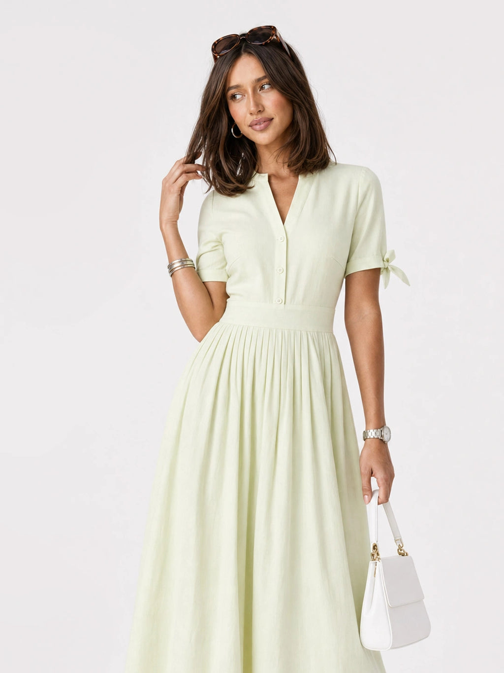 Tie-Sleeve Pleated Cotton Linen Midi Dress