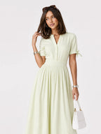 Tie-Sleeve Pleated Cotton Linen Midi Dress