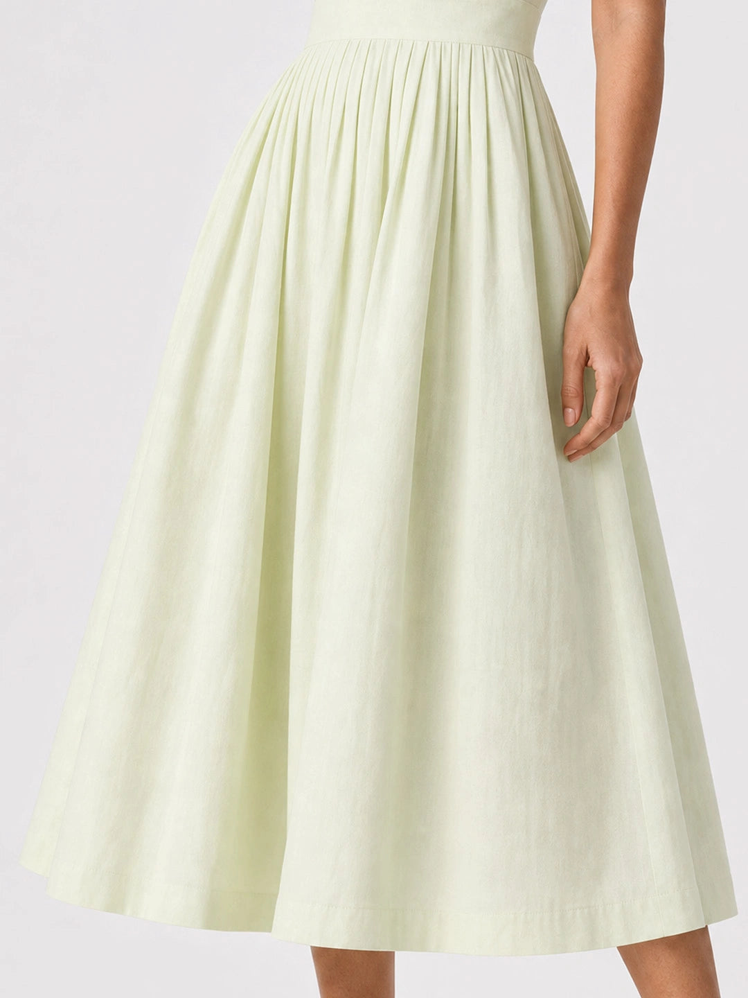 Tie-Sleeve Pleated Cotton Linen Midi Dress