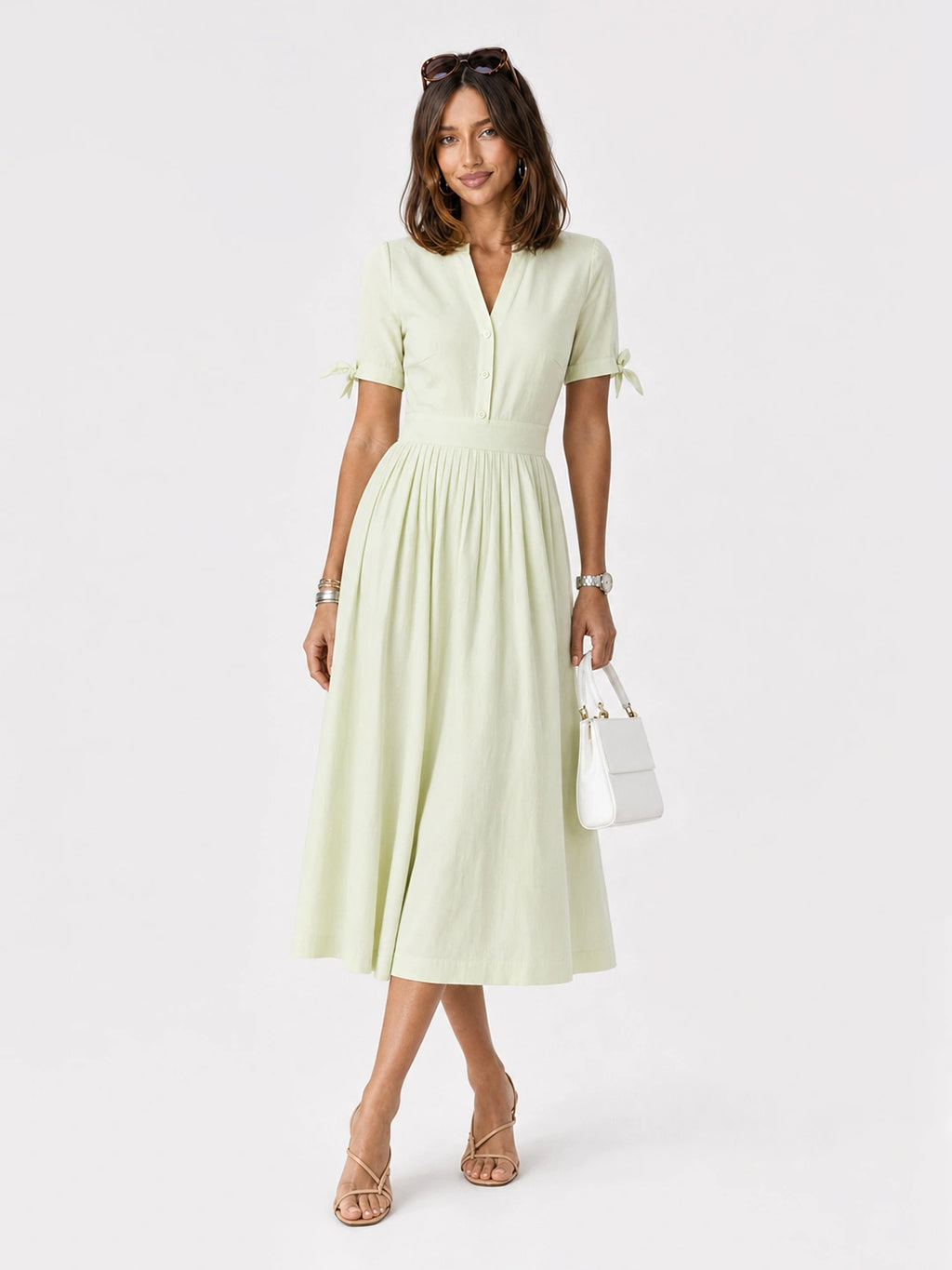 Tie-Sleeve Pleated Cotton Linen Midi Dress