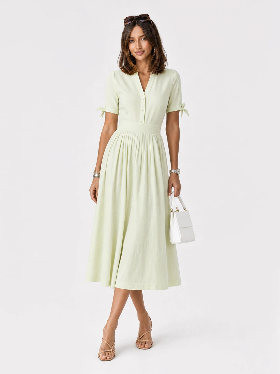 Tie-Sleeve Pleated Cotton Linen Midi Dress