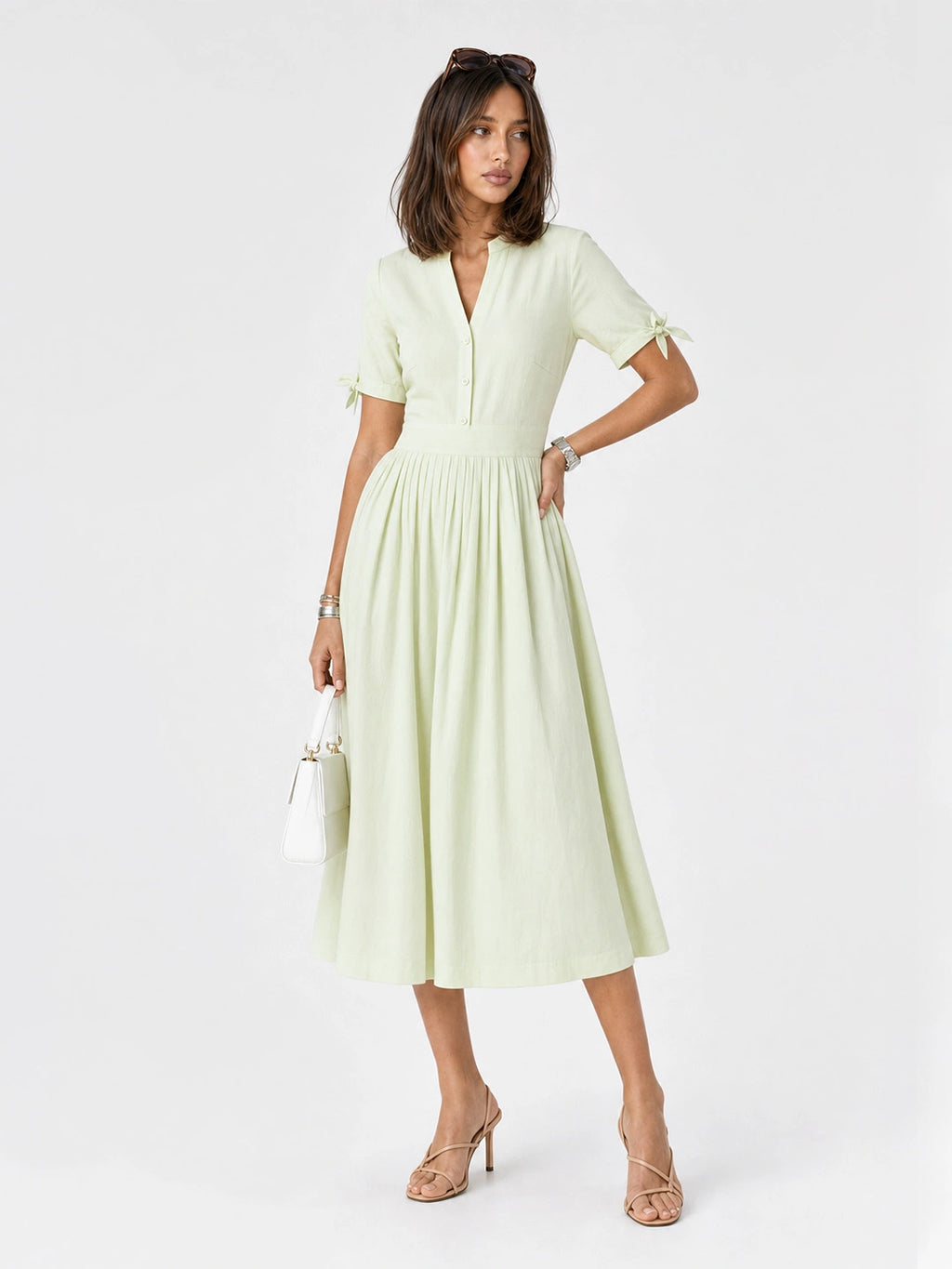 Tie-Sleeve Pleated Cotton Linen Midi Dress