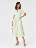 Tie-Sleeve Pleated Cotton Linen Midi Dress