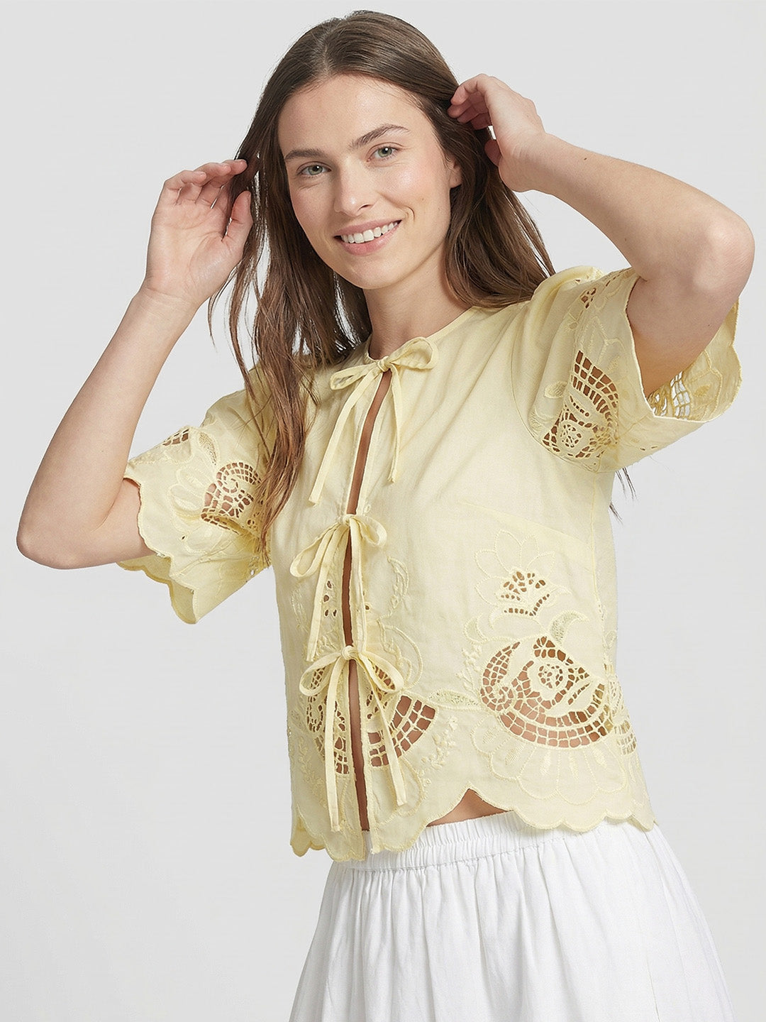 Tie-front Embroidered Blouse