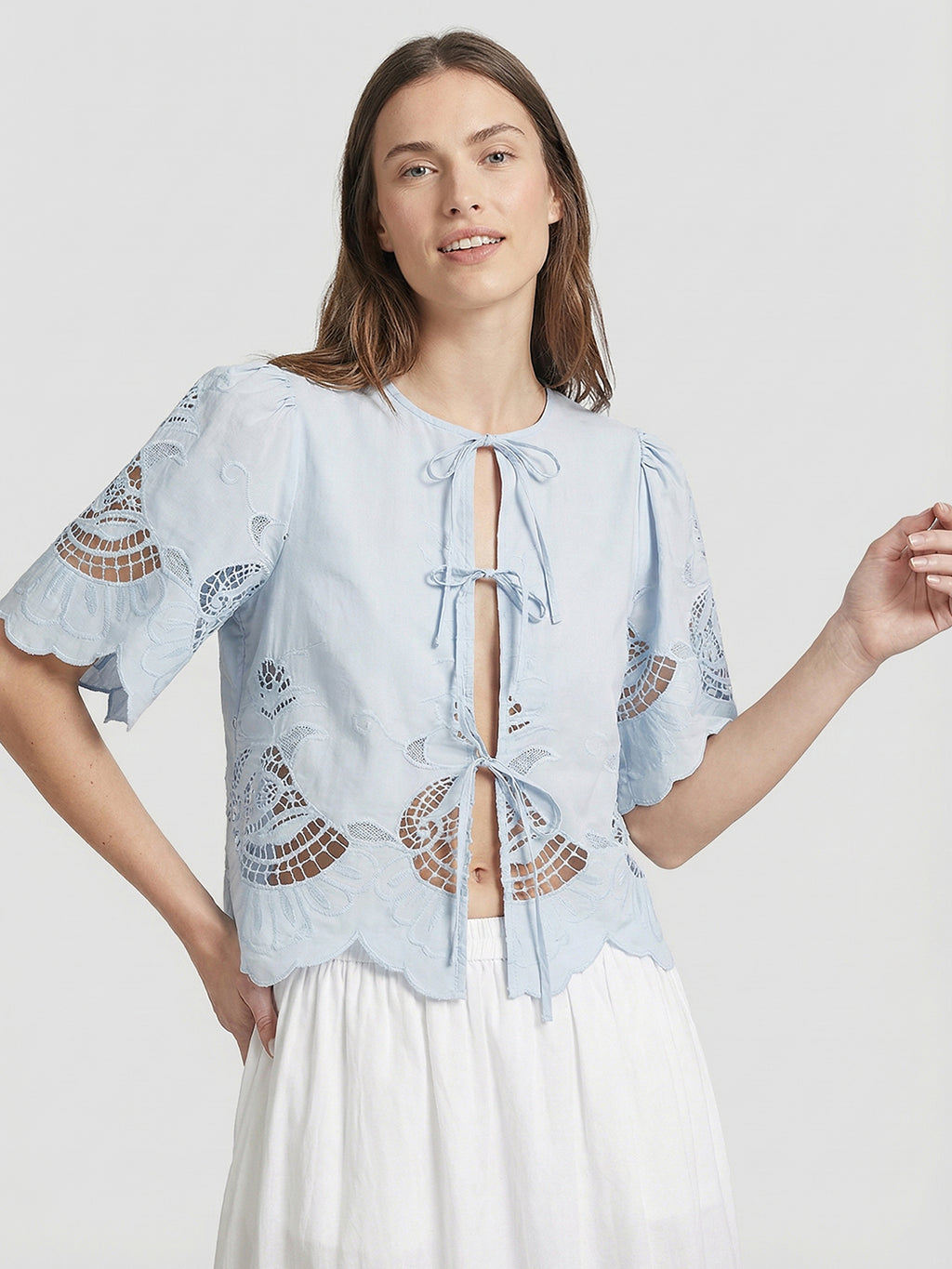 Tie-front Embroidered Blouse