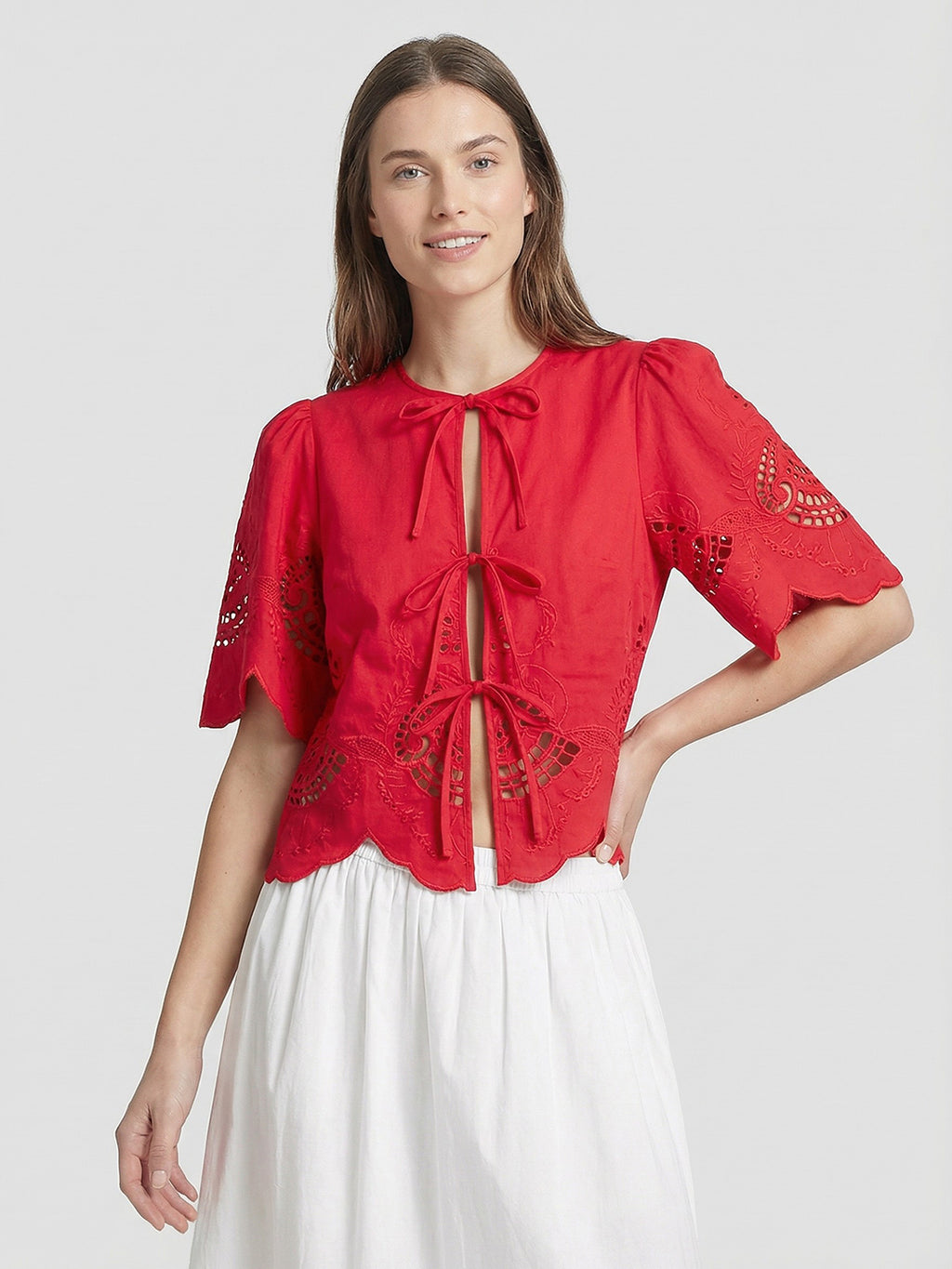 Tie-front Embroidered Blouse