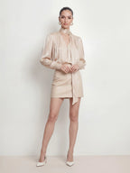 Tie Neck Satin Gigot Sleeve Blouse