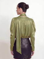 Tie Neck Satin Gigot Sleeve Blouse