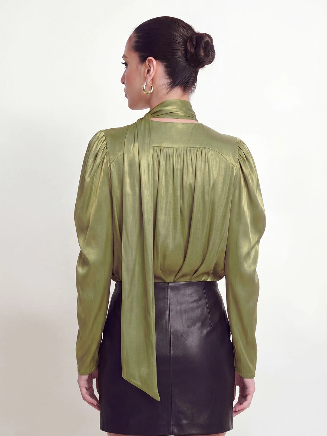 Tie Neck Satin Gigot Sleeve Blouse