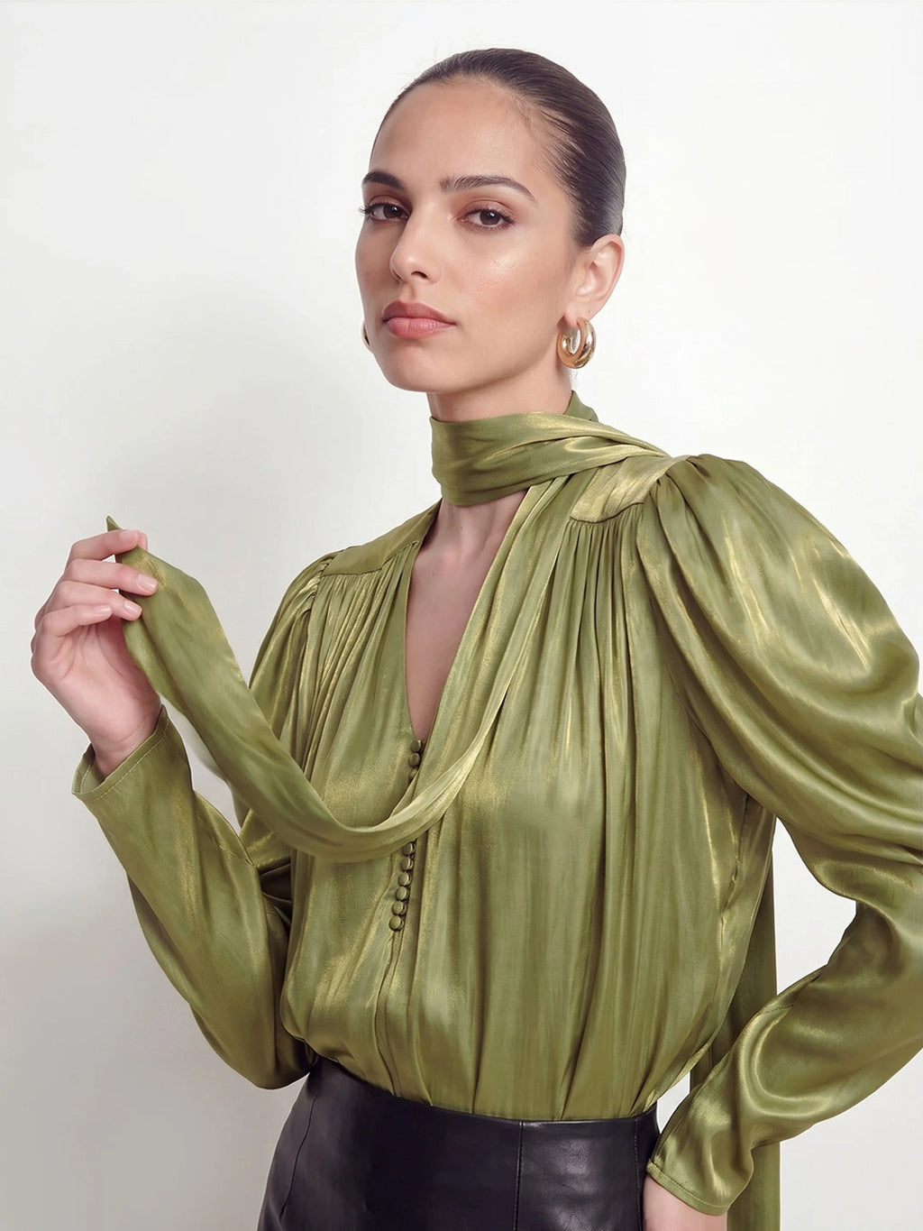 Tie Neck Satin Gigot Sleeve Blouse