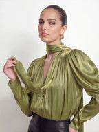 Tie Neck Satin Gigot Sleeve Blouse