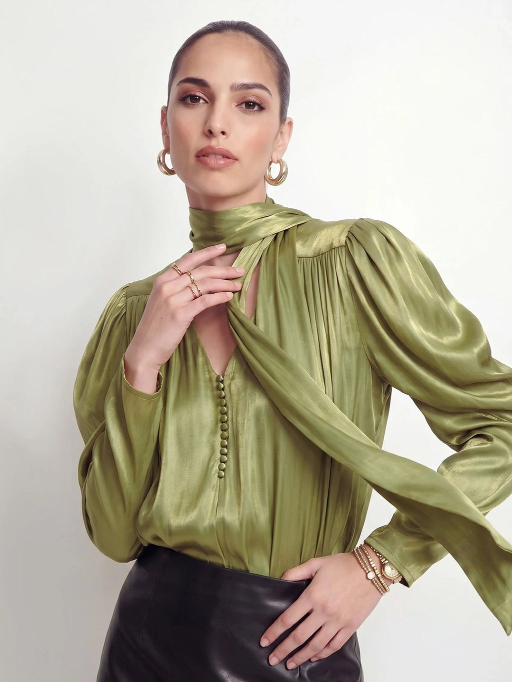Tie Neck Satin Gigot Sleeve Blouse