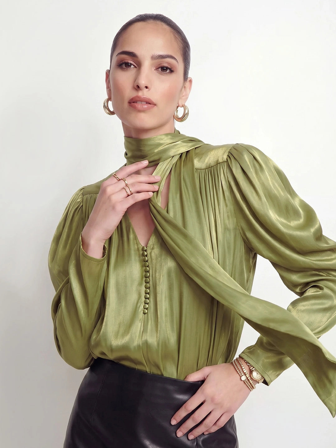 Tie Neck Satin Gigot Sleeve Blouse