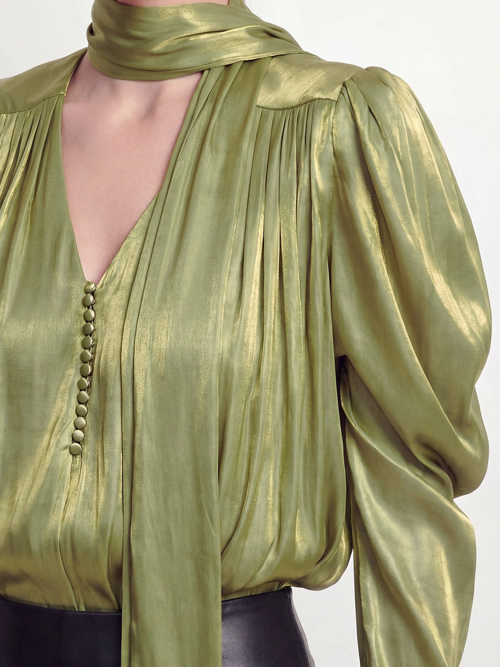 Tie Neck Satin Gigot Sleeve Blouse