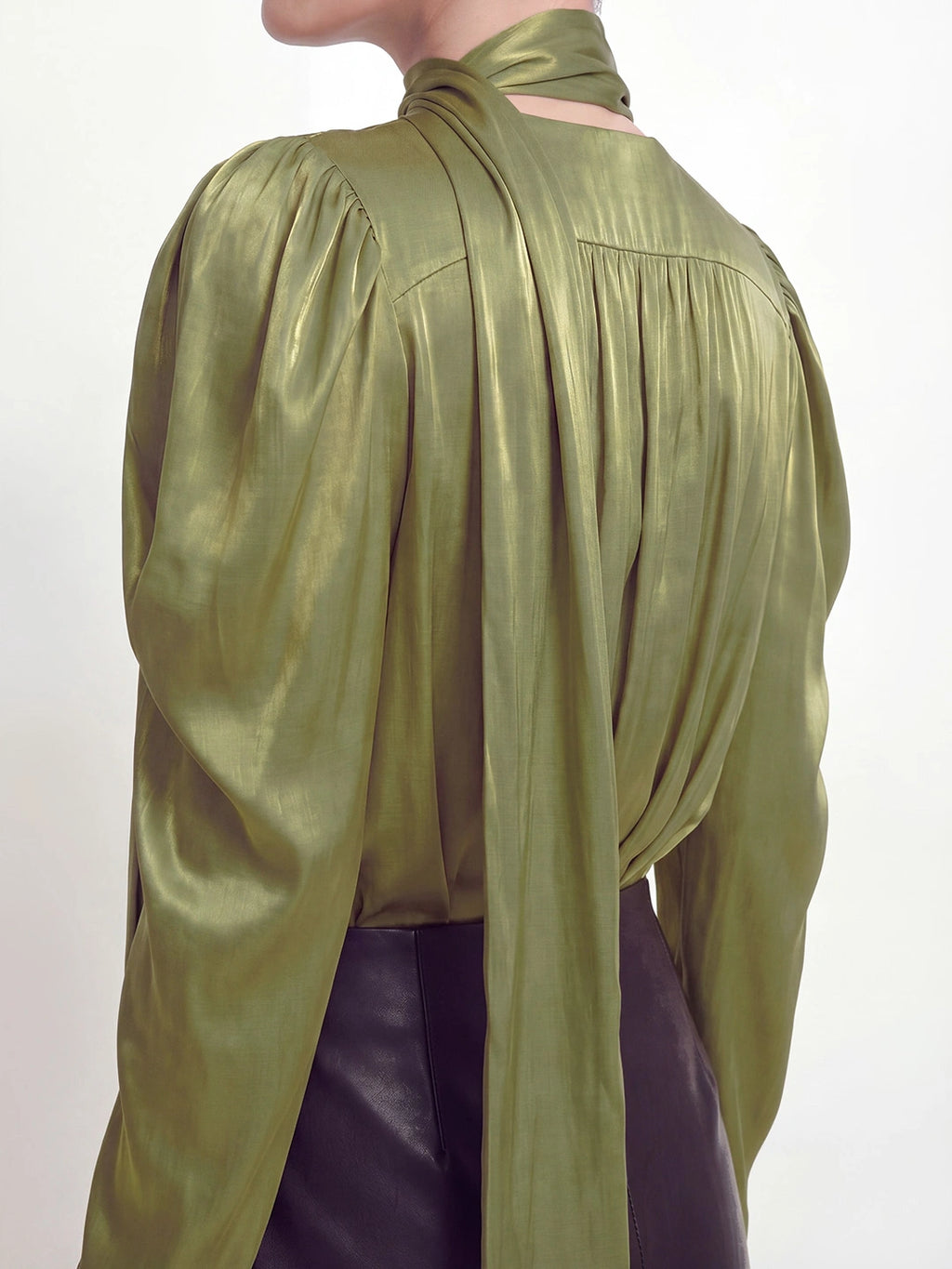 Tie Neck Satin Gigot Sleeve Blouse