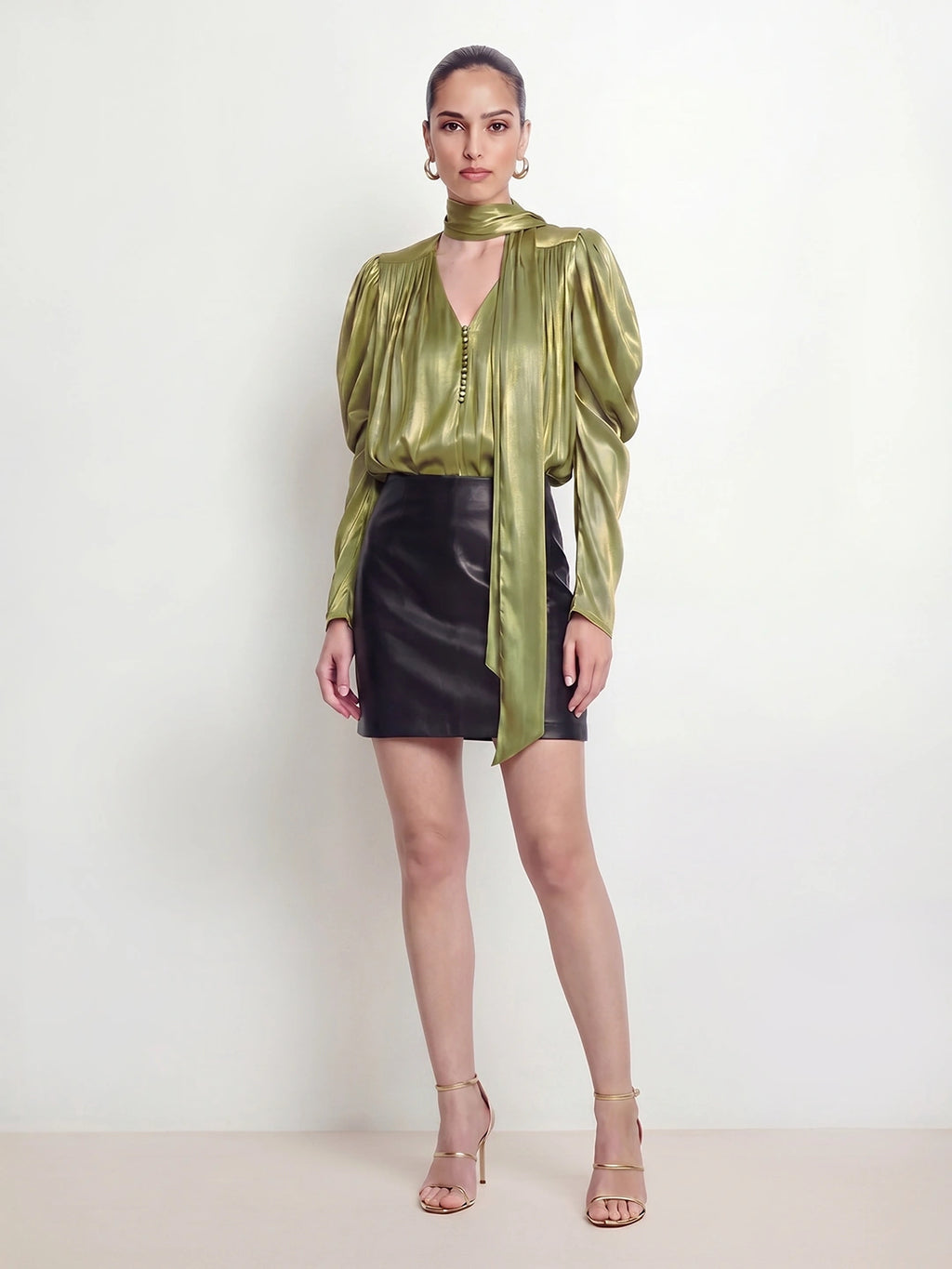 Tie Neck Satin Gigot Sleeve Blouse